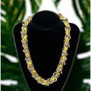 Ann Taylor Gold tone chunky chain Link Necklace leather and rhinestone woven 18"